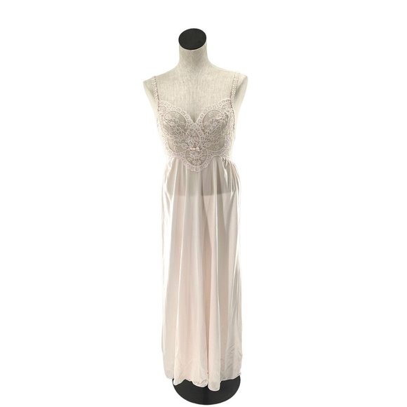 Vintage Nightgown Pastel Pink Sheer Lace Maxi-Length Medium 80s Cottagecore - Picture 2 of 11